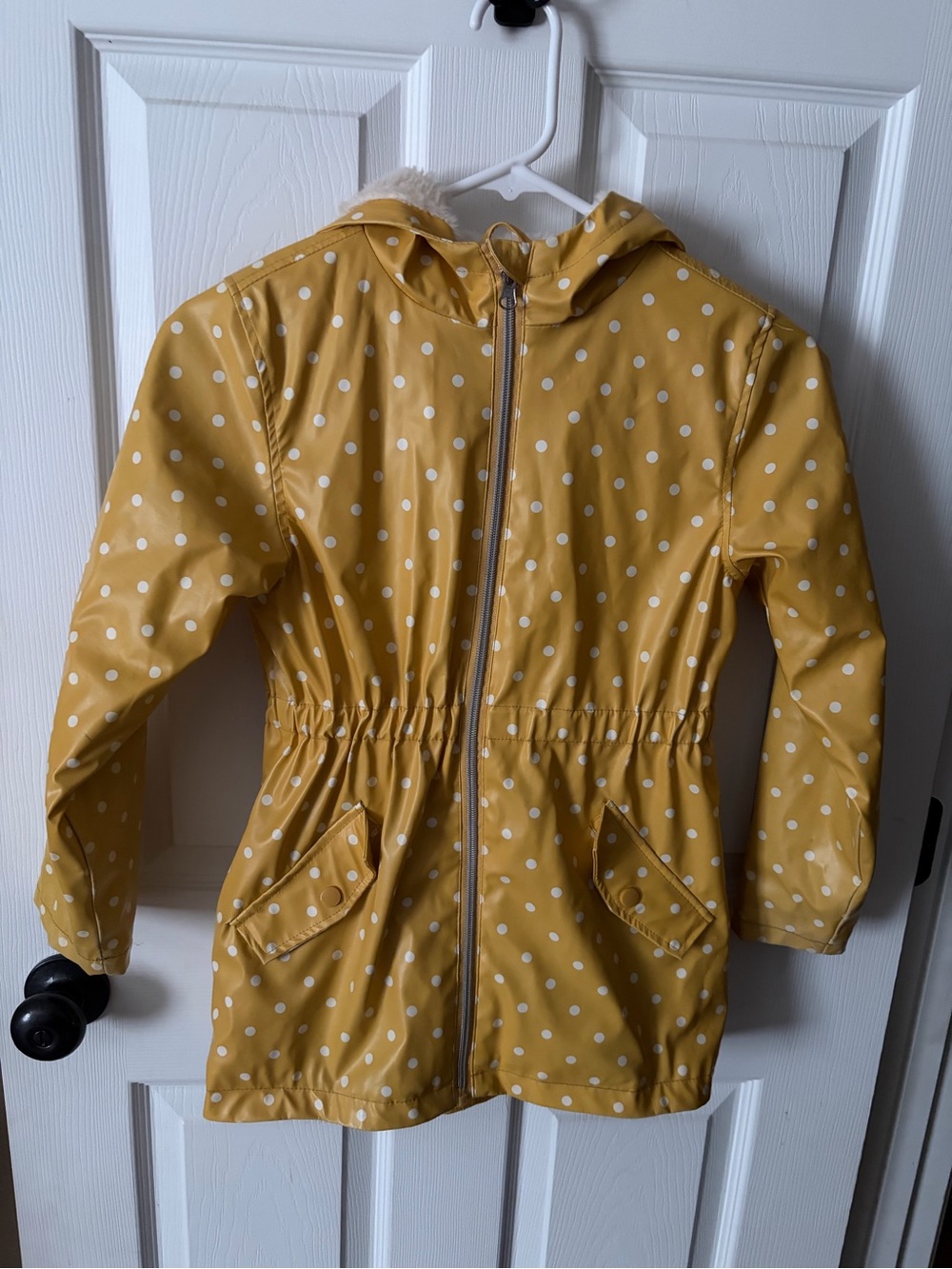 Liv & Lottie Yellow W/ White Polka Dots Faux Fur Lined Hooded Rain Jacket Sz 8